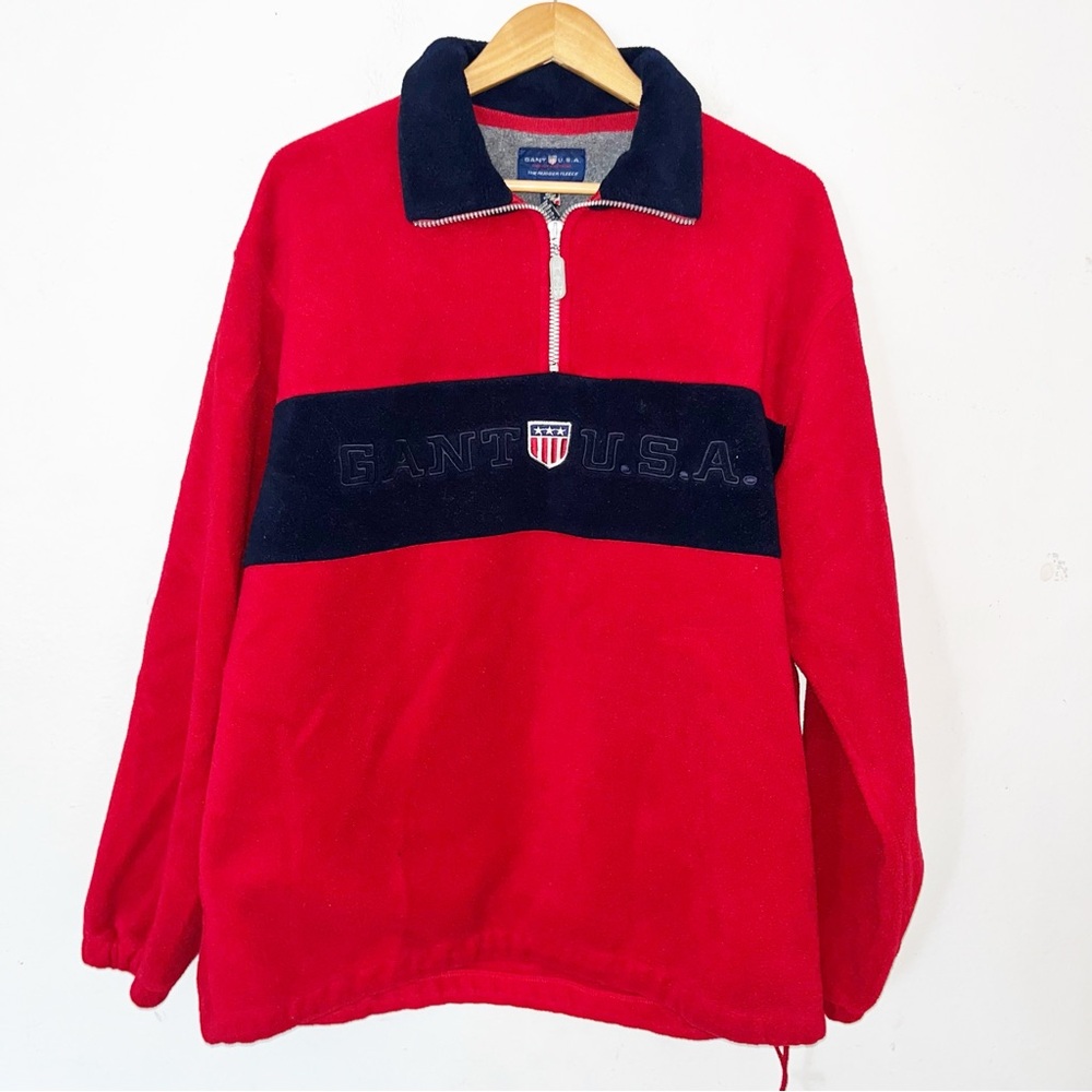 Vintage GANT Men's XL The Rugger Fleece Sweater 90s Quarter Zip Red Soft USA